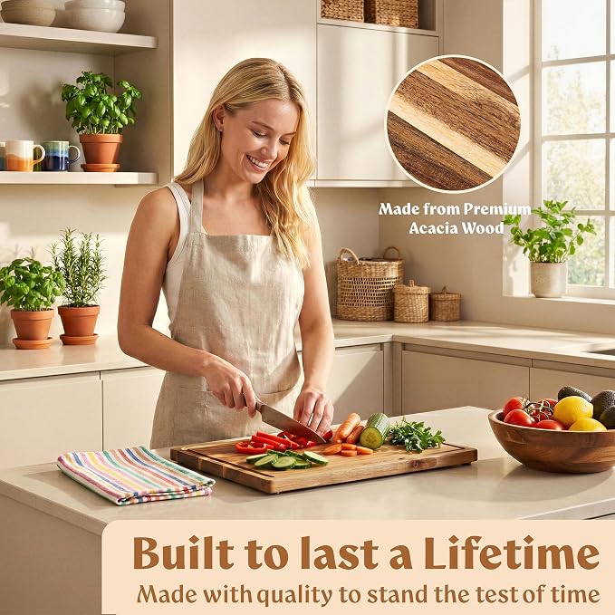 Acacia Wood Cutting Boards for Kitchen Set of 3 with Juice Groove | Non toxic FSC certified wooden chopping boards, knife-friendly, large kitchen boards for meat, cheese, charcuterie & serving