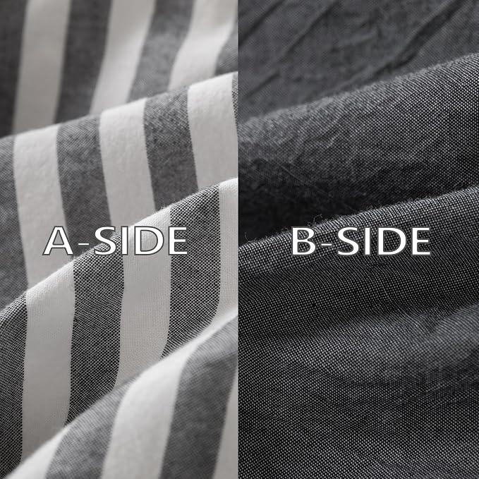 Reversible Duvet Cover Set 100% Washed Cotton Dark Grey Stripe Linen Feel Duvet Cover Queen Size with Zipper Closure & 2 Pillow Shams,Dark Grey/White Stripe Reverse Solid Dark Grey