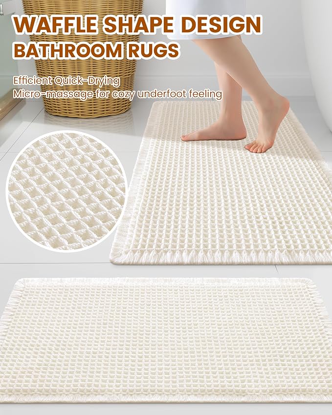 Smiry Waffle Bath Mat 30x20, Extra Soft Absorbent Bathroom Rugs, Non Slip Machine Washable Quick Dry Bath Rugs for Bathroom Floor, Tub, Shower, Home Decor Accessories, Cream