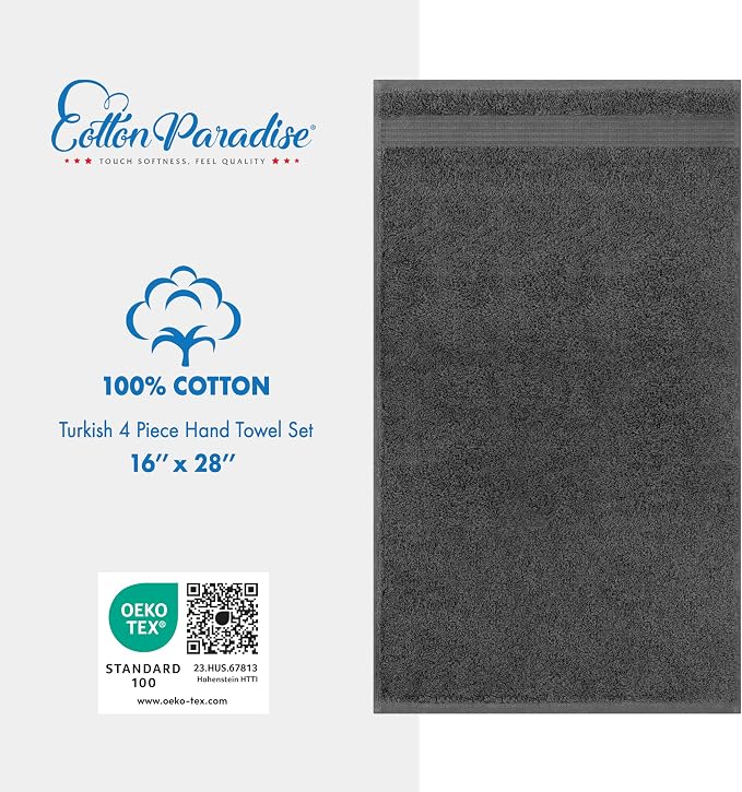 Cotton Paradise 100% Cotton Turkish Towel Set, Soft Absorbent Quick Dry, 4 Piece Hand Towel Set, Dark Gray
