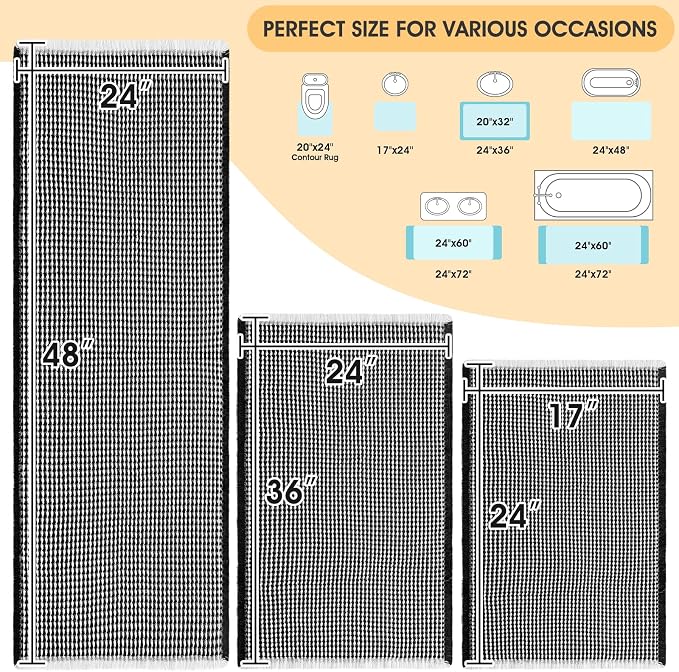 IM HOME Waffle Bath Mat Set 3 Piece Black & White,Woven Modern Bath Rug Mats, Absorbent Non Slip Bath Floor Mat, Soft Washable Boho Bath Rugs with Tassels for Bathroom, Bedroom, Kitchen