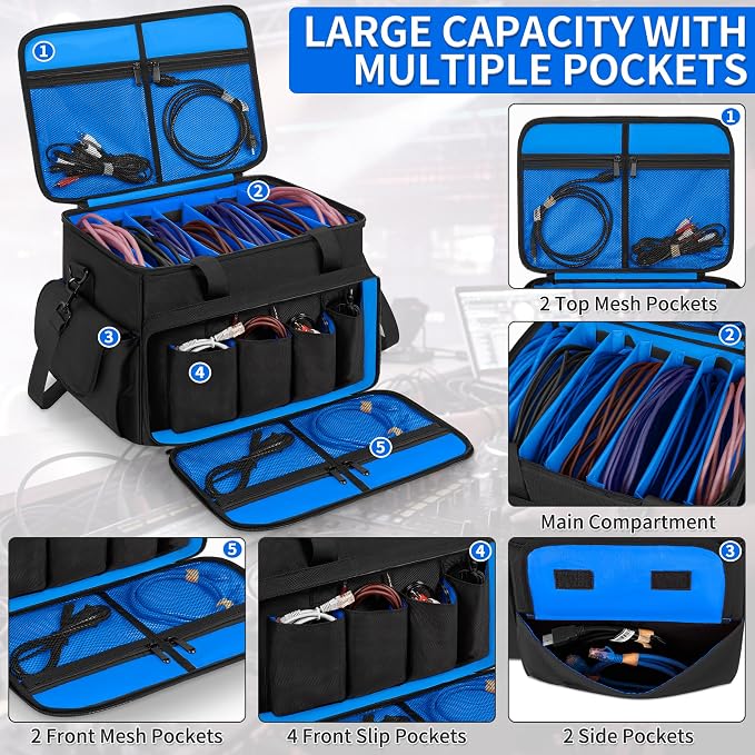 IBVIVIC DJ Cable File Bag with 6 Detachable Dividers High Capacity Gig Cable Bag for Cords,DJ Gear,Sound Instrument and Accessories, Blue