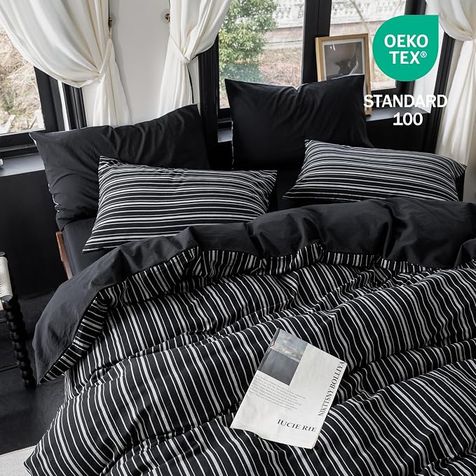 Reversible Duvet Cover Set 100% Washed Cotton Black Stripe Linen Feel Duvet Cover Queen Size with Zipper Closure & 2 Pillow Shams, Black/White Stripe Reverse Solid Black