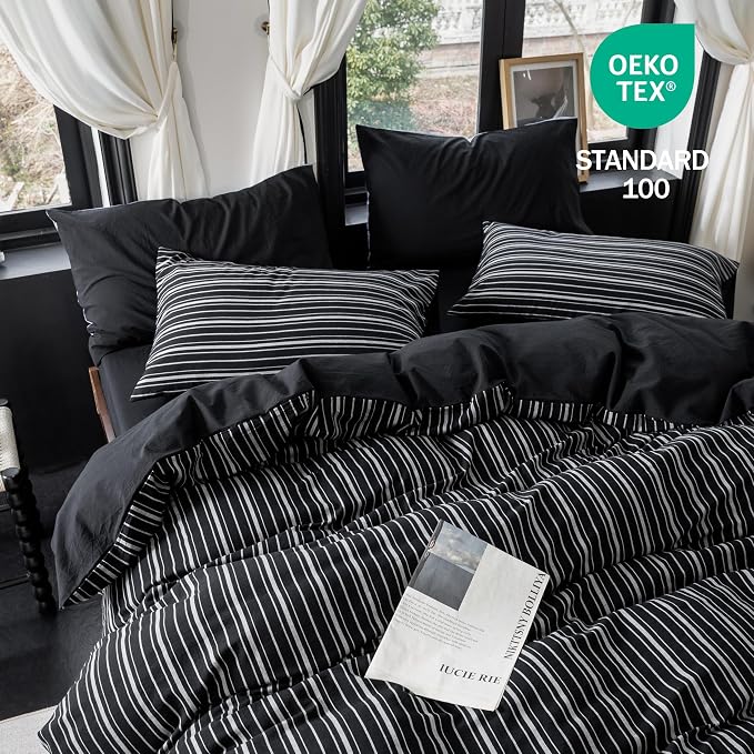 Reversible Duvet Cover Set 100% Washed Cotton Black Stripe Linen Feel Duvet Cover King Size with Zipper Closure & 2 Pillow Shams, Black/White Stripe Reverse Solid Black