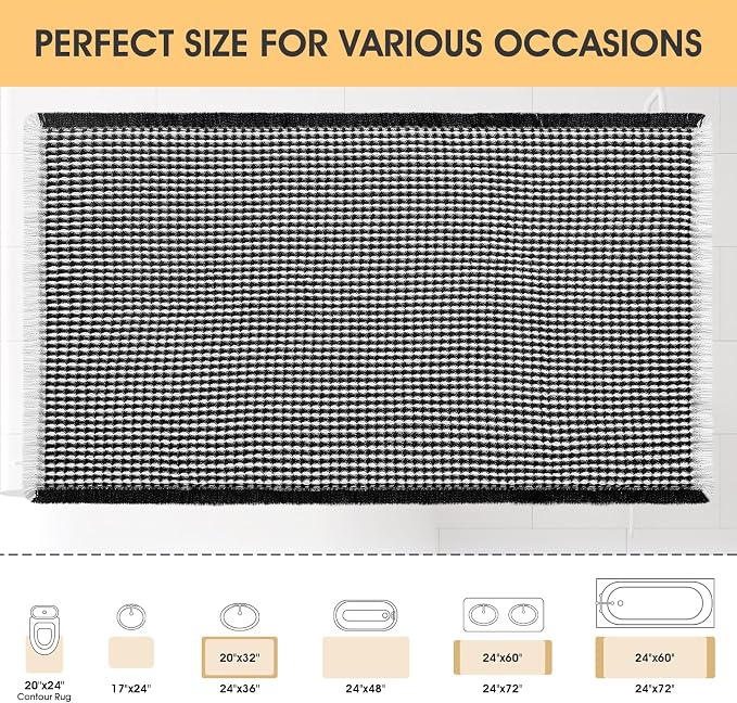 IM HOME Waffle Bath Mat Black & Cream 24"x17",Boho Woven Modern Bath Mat Rugs, Absorbent Non Slip Bathroom Rugs, Soft Washable Bath Rugs with Tassels for Bedroom, Kitchen, Shower, Tub