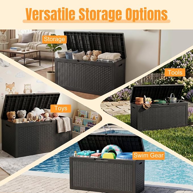Outdoor Storage Box,98 Gallon Waterproof Resin Patio Deck Box | UV Resistant Lockable Package Delivery Bin, Toy Cabinet, Shoe & Garden Tools Storage, Ottoman, Indoor/Outdoor