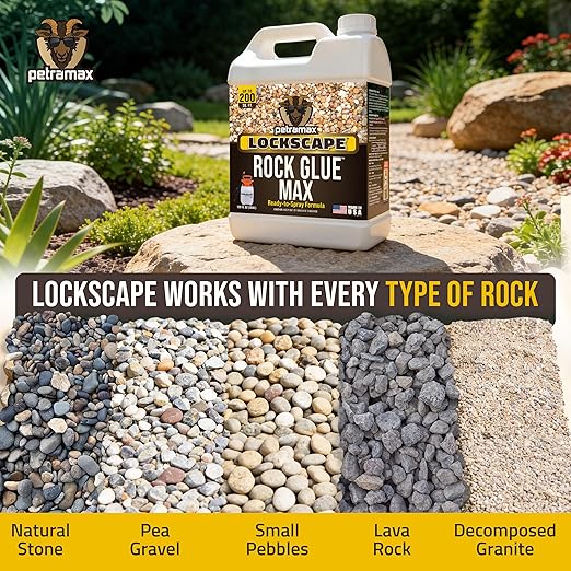 PetraMax Lockscape Rock Glue for Landscaping, 1 Gal (Made in USA) - 100% Permeable & Pet-Safe Landscape Adhesives for Stones & Pebbles - Ready to Spray Pea Gravel Binder & Mulch Glue for Landscaping