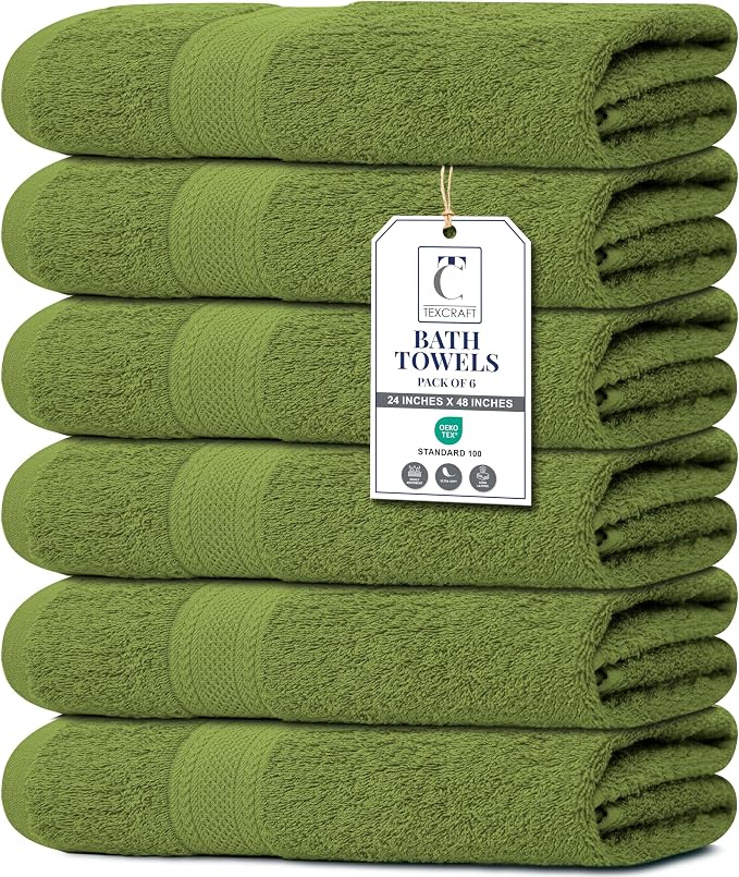 Medium Size Bath Towels Set of 6 – 100% Cotton Terry – 24" x 48" – Quick Dry, Soft & Highly Absorbent – Forest Green Towels for Bathroom, Gym, Spa, Pool & Daily Use