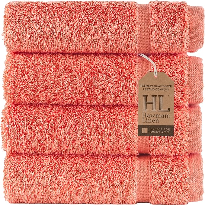 Washcloth Linen Set Premium Original Turkish Cotton, Hotel Quality for Maximum Softness & Absorbency for Face, Hand, Kitchen & Cleaning (Coral Orange, Washcloth Set)