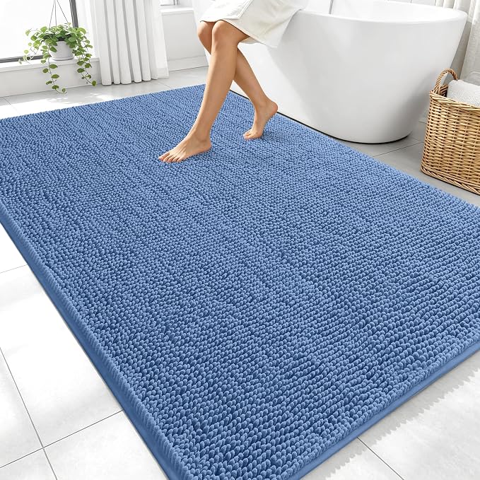 OLANLY Large Bathroom Rugs 70x46, Soft Absorbent Chenille Bath Rugs, Rubber Backing Quick Dry, Machine Washable Bath Mats for Bathroom Floor, Tub and Shower, Home Decor Accessories, Cornflower Blue