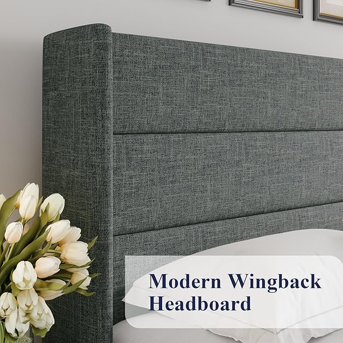 Allewie King Size Lift Up Hydraulic Storage Bed Frame Dark Grey | Modern Wingback Headboard, Hydraulic Support Storage, No Box Spring Needed