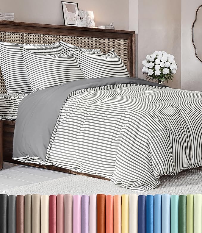Duvet Cover Cal King Size Set - Extra Soft Cal King Duvet Cover 104" x 98" with 2 Pillow Shams for Women, Men, Kids & Teens - Comfy, Breathable, Hotel Luxury w/ Zipper Closures & Ties (Grey Stripes)