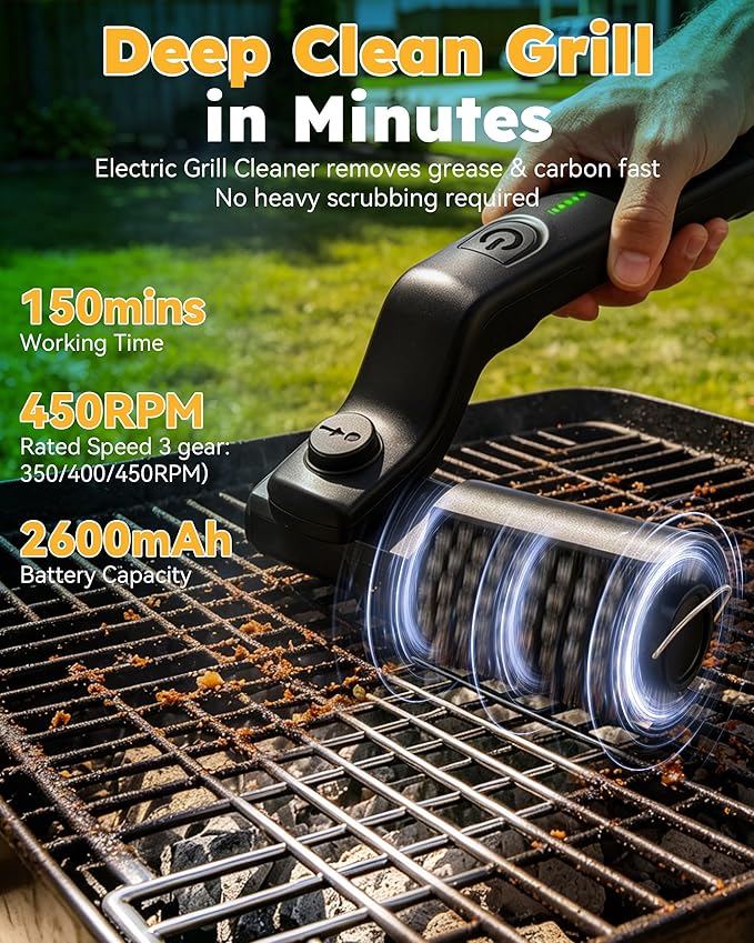 Electric Grill Brush,Removes Burnt Grease in 5 Minutes,Cordless BBQ Grill Cleaner with 3-Speed High Torque Motor,Rotatable Brush Head,150 Min Runtime,Waterproof,for All Materials(1, Grill Brush)