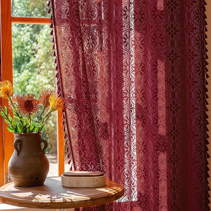 Sutuo Home Vintage Boho Lace Red Curtains 96 inches Long 2 Panels Tassels | Semi Sheer Curtains Drape for Living Room Bedroom Floral Bohemian Privacy Crochet Cottagecore Decor Rod Pocket,50" W Burgundy