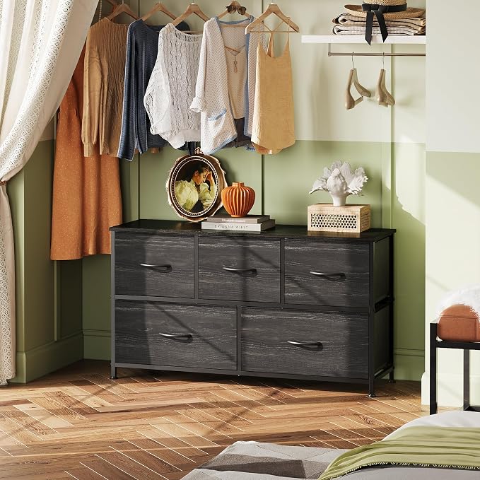 WLIVE Wide Dresser for Bedroom, 5 Drawer Chest of Drawers, Black Wood Grain | 5 roomy fabric drawers, Wide storage design, Bedroom or closet use, Sturdy steel frame, Smooth wood tabletop