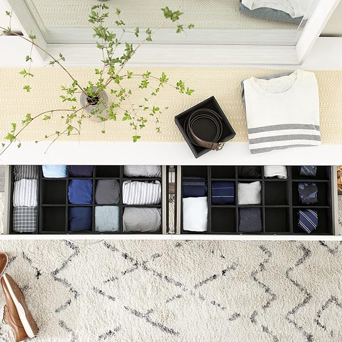 Household Essentials Drawer Organizer Tray with Fabric Cover and 9 Square Compartments, Black, Set of 2