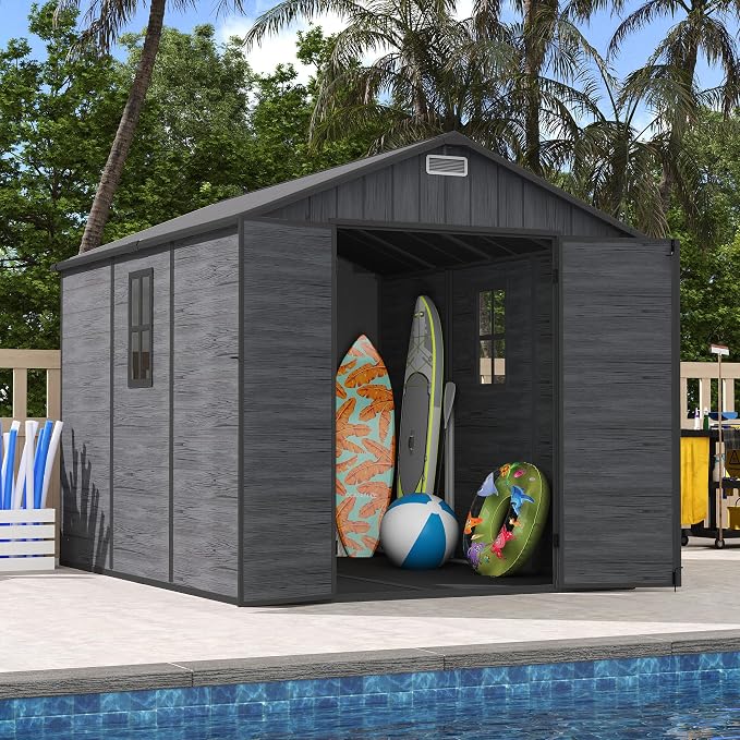 UDPATIO Outdoor Resin Storage Shed 8 x 10 FT, Plastic Storage Shed with Floor Large Outdoors Garden Tool Storage Shed Outside Clearance Shed with Lockable Door for Bike, Backyard, Patio, Dark Grey