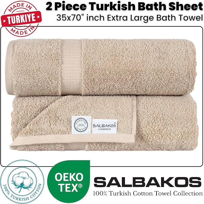 SALBAKOS 2-Piece 100% Turkish Cotton Bath Towels, Extra-Large 35x70, Taupe | Oversized Bath Sheet Towel for Bathroom & Beach, Thick, Super Soft, Highly Absorbent, Premium Hotel Quality, Made in Turkey