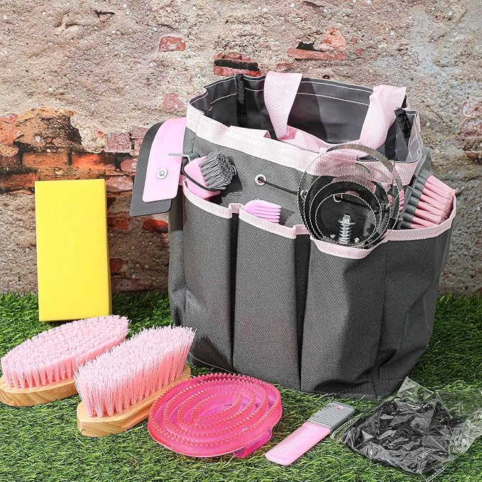 Abbylike 12 Piece Horse Grooming Kit with Organizer Tote Bag Brush Sets for Derby Day Show Horses Professional Tools for Care & Massage(Pink and Grey)
