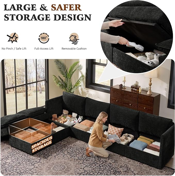 Ihanherry 135” Modular Sectional Sofa with Storage, U Shaped Cloud Couch with Movable Ottomans & 4 Pillows, Chenille Deep Seat Sectional Couches for Living Room, Apartment (Black)