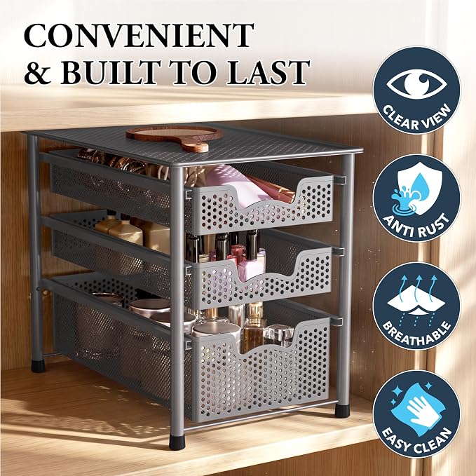 Simple Houseware Stackable 3 Tier Sliding Basket Organizer Drawer, Silver