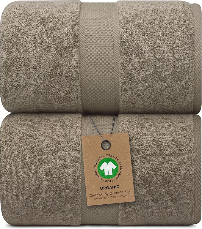 Alusa Home 100% Organic Luxury Bath Sheets - GOTS Certified - Extra Large 35x70 Inches (Pack of 2) Zero-Twist, Long-Staple Cotton Bath Sheet Set (Taupe)