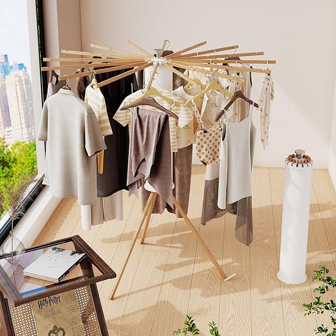 BOQORAD Clothes Drying Rack Foldable,Laundry Drying Rack,Drying Rack Clothing(16 Wood Poles),Clothes Hanger Rack,Laundry Rack Folding,Collapsible,Retractable