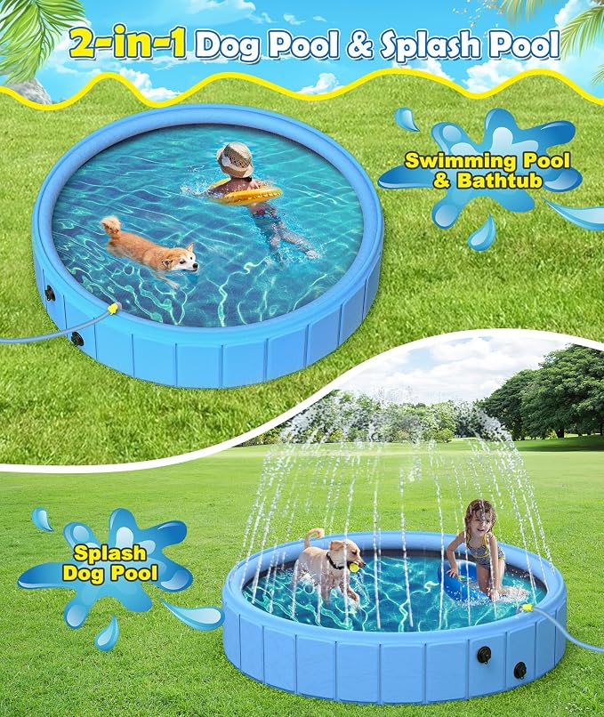 EPN Large Foldable Dog Pool – 0.55MM PVC 2-in-1 Portable Bathtub & Sprinkler for Dogs, Cats, Kids – Heavy Duty, Non-Slip, Summer Water Toy (106 in)