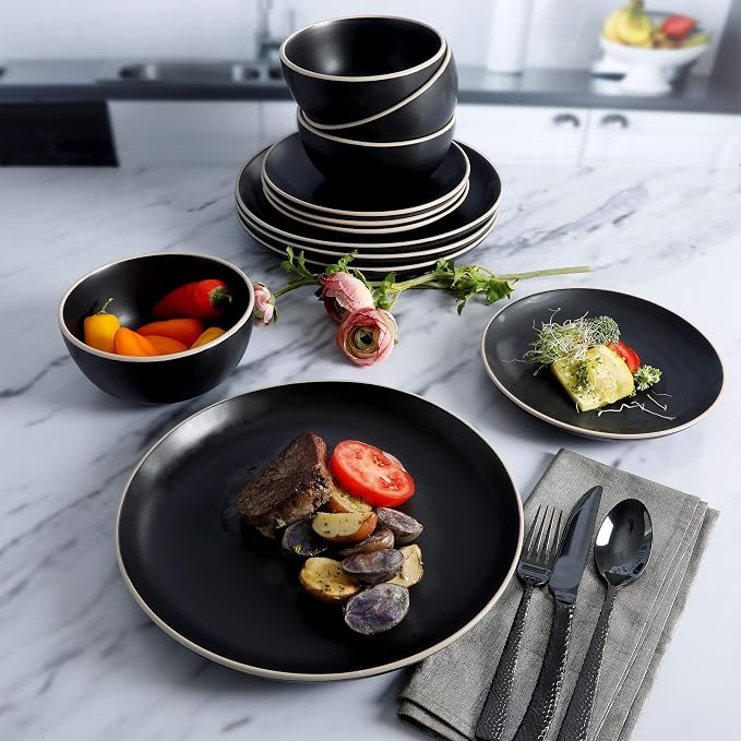 Gibson Home Rockaway 12-Piece Stoneware Dinnerware Set, Service for 4 – Modern Round Plates and Bowls, Dishwasher & Microwave Safe, Black
