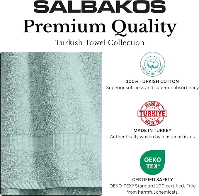 SALBAKOS 100% Turkish Cotton Bathroom Towel Set of 6-Piece, Seafoam Green | 630 Gsm Thick Super Soft Highly Absorbent 2 Bath + 2 Hand + 2 Washcloth Towels Sets, Giftable, Hotel Quality, Made in Turkey
