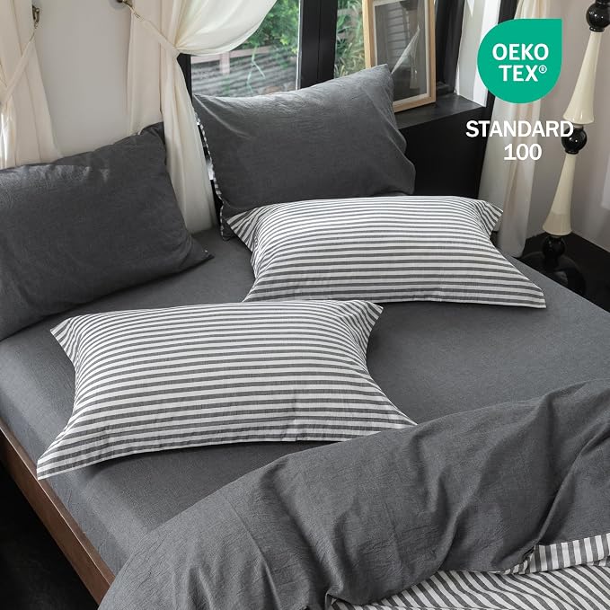 Reversible Duvet Cover Set 100% Washed Cotton Dark Grey Stripe Linen Feel Duvet Cover Queen Size with Zipper Closure & 2 Pillow Shams,Dark Grey/White Stripe Reverse Solid Dark Grey
