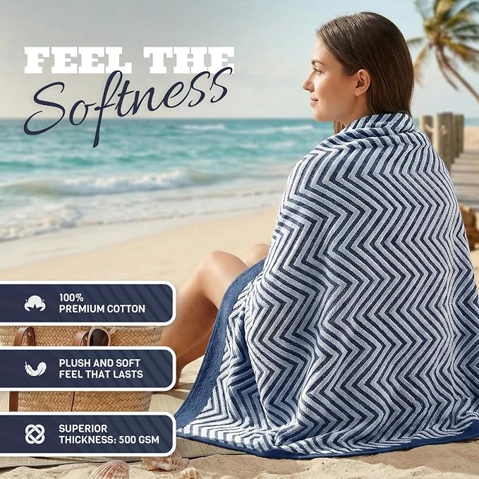 White Classic Cotton Beach Towels Oversized 35 x 70 Inches, Ultra Absorbent and Low Lint Luxury Pool Towels, Chevron Design, Navy Blue, 2 Pack