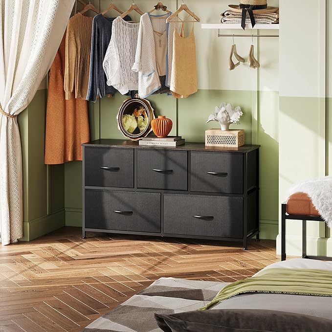 WLIVE Wide Dresser for Bedroom, 5 Drawer Chest of Drawers, Charcoal Black | 5 roomy fabric drawers, Wide storage design, Bedroom or closet use, Sturdy steel frame, Smooth wood tabletop