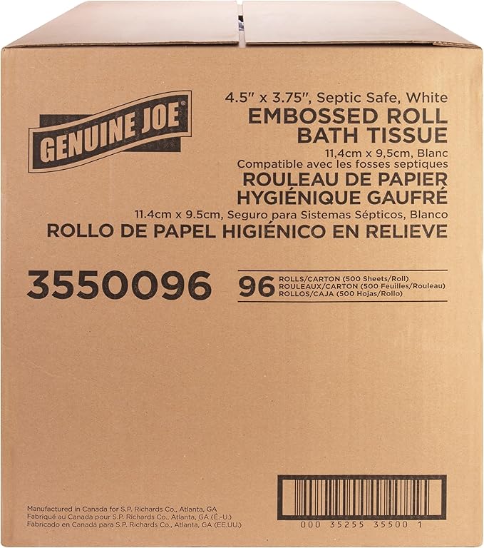 Genuine Joe Embossed Bath Tissue, 2-Ply, Septic Safe, Individually Wrapped, 4.5" x 3.75", 500 Sheets/Roll, 96 Count