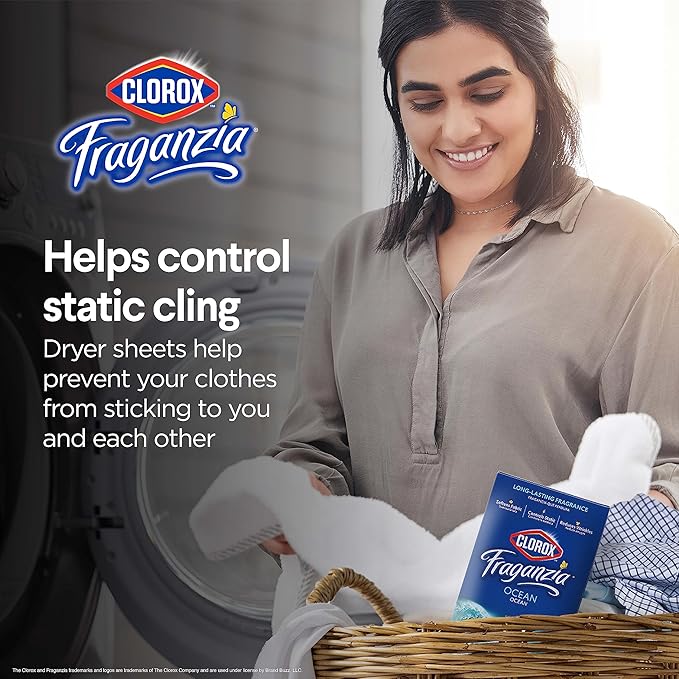 Clorox Fraganzia Fabric Softener Dryer Sheets Wrinkle Reducing Anti Static Laundry Dryer Sheets Great Smelling Clothes Softens Fabrics Fresh Ocean Scent 105 Count Single Box Home Dorm Laundry Room