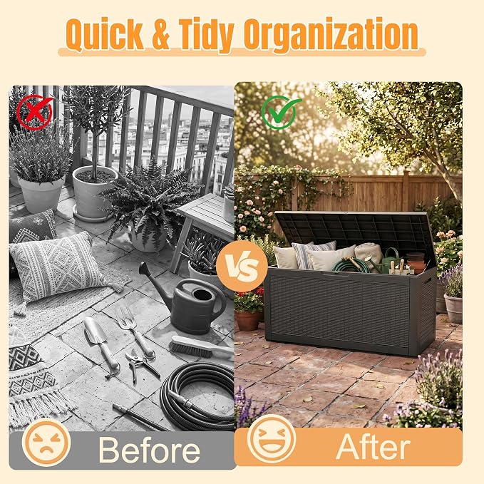 Outdoor Storage Box, 170 Gallon Waterproof Resin Deck Box with Support Rod | UV Resistant Lockable Package Delivery Bin, Shoe, Patio & Garden Tools Storage, Toy Cabinet, Ottoman, Indoor/Outdoor