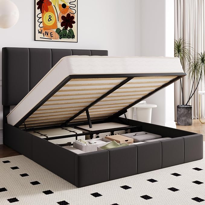 Allewie Queen Size Velvet Lift Up Hydrualic Storage Bed Frame, Black | Vertical Channel Tufted Headboard, Hydrualic Underneath Storage, Upholstered Platform Bed, No Box Spring Needed