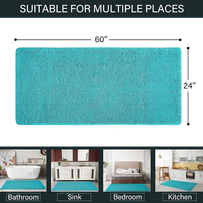 LOCHAS Luxury Bathroom Rug Shaggy Bath Mat 24 x 60 Inch, Teal Blue | Washable Non Slip Bath Rugs for Bathroom Shower, Soft Plush Chenille Absorbent Carpets