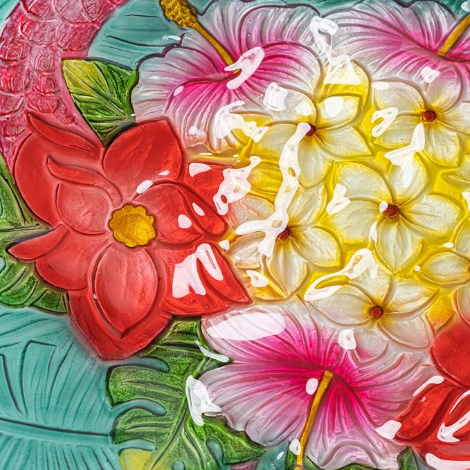 Teamson Home 17.8 in. Fusion Glass Birdbath, Multi | Bird Design, Tropical Flamingo Design, Foldable Metal Stand, Ground Hook