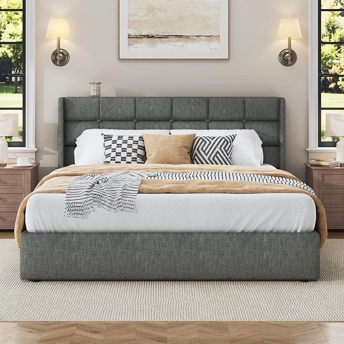 HISOFT Queen Size Lift Up Storage Bed Frame, Linen Upholstered Platform Bed with Wingback Headboard, Heavy Duty Hydraulic Gas Lift Underbed Space, Reinforced Full Metal Slats, Noise Free, Grey