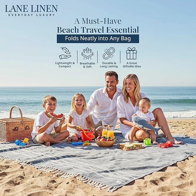 LANE LINEN Beach Blanket Sand Free, Picnic & Giant Beach Towel - Grey | Oversized Beach Towels, 82"x82" - Room For The Whole Family & Friends - Folds Compact, Easy To Carry - Roomy Family Size