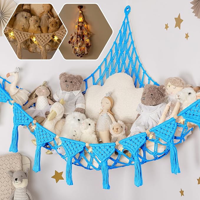 TIDYTEDS Macrame DreamLights Boho Stuffed Animal Storage Net Hammock Extra Large Plush Toy Storage Holder For Small Or Large Plushies BLUE