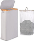 65L Slim Laundry Hamper, Narrow Laundry Basket with Lid,Foldable Clothes Hamper with Bamboo Handles,Hamper Basket with Removable Inner Bag for Laundry Room Bedroom College Dorm,17.17 Gals（Light Grey）