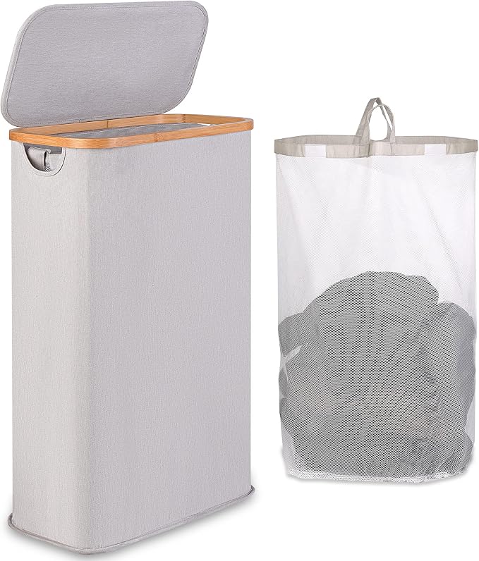 65L Slim Laundry Hamper, Narrow Laundry Basket with Lid,Foldable Clothes Hamper with Bamboo Handles,Hamper Basket with Removable Inner Bag for Laundry Room Bedroom College Dorm,17.17 Gals（Light Grey）