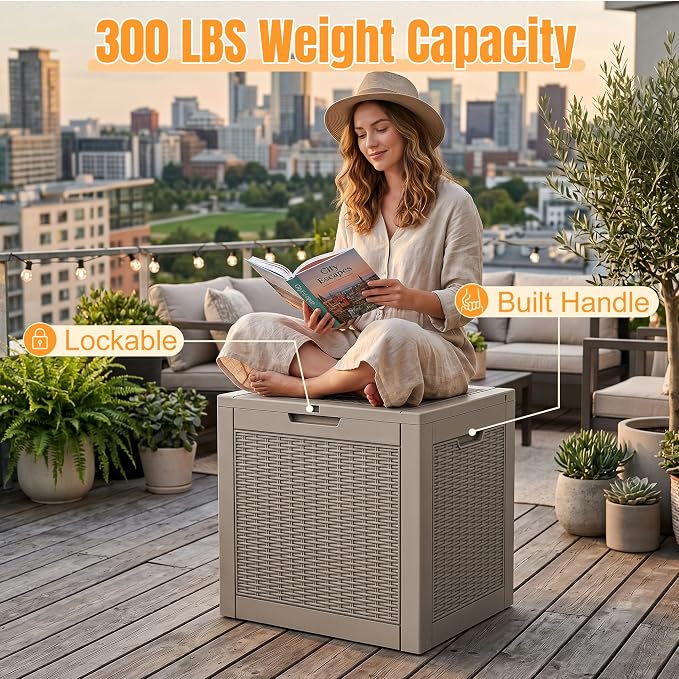 Outdoor Storage Box, 38 Gallon Waterproof Resin Patio Deck Box | UV Resistant Lockable Package Delivery Bin, Toy Cabinet, Shoe & Garden Tools Storage, Ottoman, Indoor/Outdoor
