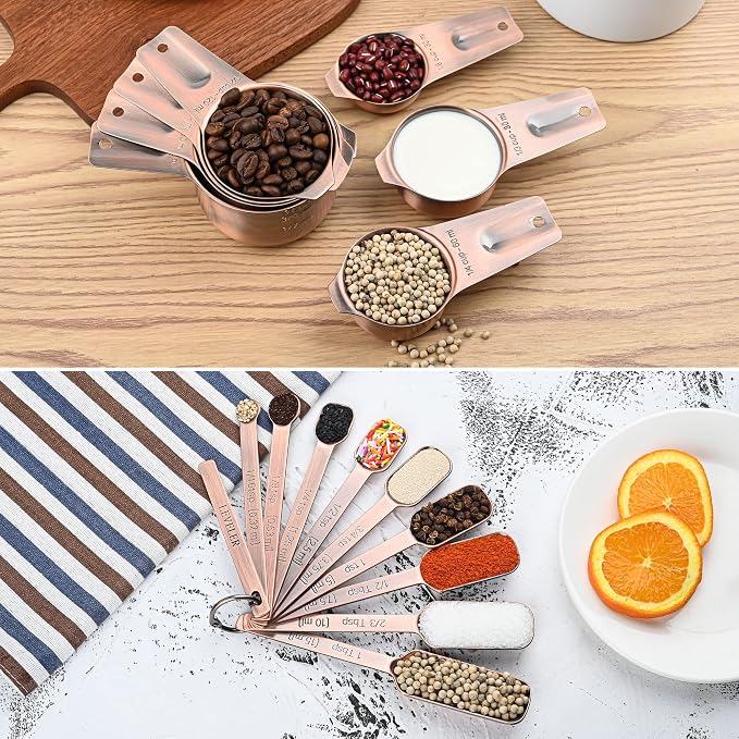 Copper Measuring Cups and Spoons Set 17, Stainless Steel 7 Measuring Cup and 9 Spoons for Dry & Liquid, Metric & US Metal Measuring Cups and Spoons Set &Leveler for Baking & Kitchen