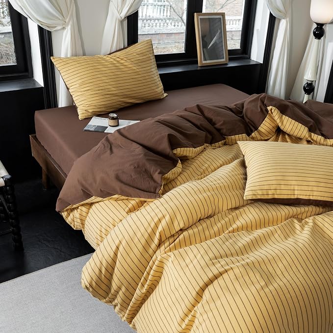 Reversible Duvet Cover Set 100% Washed Cotton Yellow Stripe Linen Feel Duvet Cover Queen Size with Zipper Closure & 2 Pillow Shams, Yellow/Brown Stripe Reverse Solid Brown