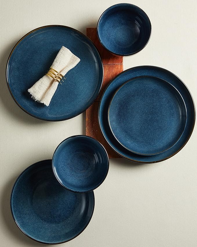 Pokini Stoneware Dinnerware Sets for 6, 18 Pieces Ceramic Plates and Bowls Sets, Chip and Scratch Resistant Dish Set, Dishwasher & Microwave Safe Plate Set, Starry Blue