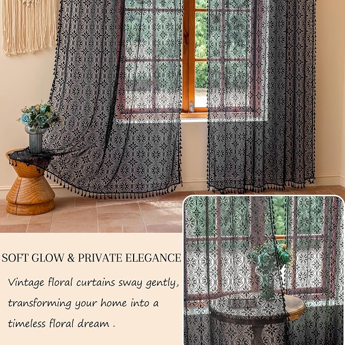 Sutuo Home Black Boho Sheer Curtains 84 inches Long 2 Panel for Living Room | Bohemian Lace Curtains Drape Crochet Light Filtering Farmhouse Decor Vintage Chic Tassels Window Treatments Rod Pocket, 50" W