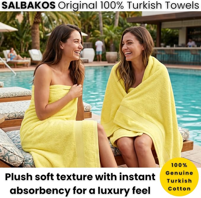 SALBAKOS 2-Piece 100% Turkish Cotton Bath Towels, Extra-Large 35x70 Yellow | Oversized Bath Sheet Towel for Bathroom & Beach, Thick, Super Soft, Highly Absorbent, Premium Hotel Quality, Made in Turkey